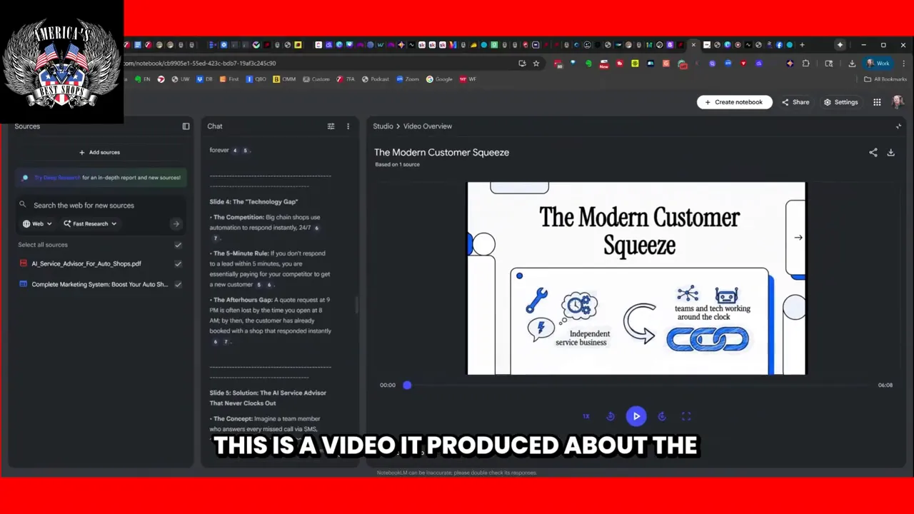 Notebook LM Studio showing Sources and Chat on the left and a video overview player on the right with a slide titled 'The Modern Customer Squeeze'.