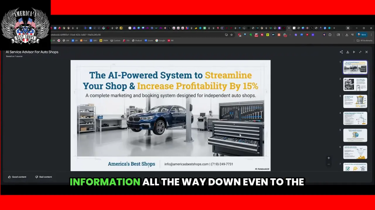 Notebook LM slide deck preview showing the title slide 'The AI-Powered System to Streamline Your Shop & Increase Profitability By 15%' with thumbnails on the right.