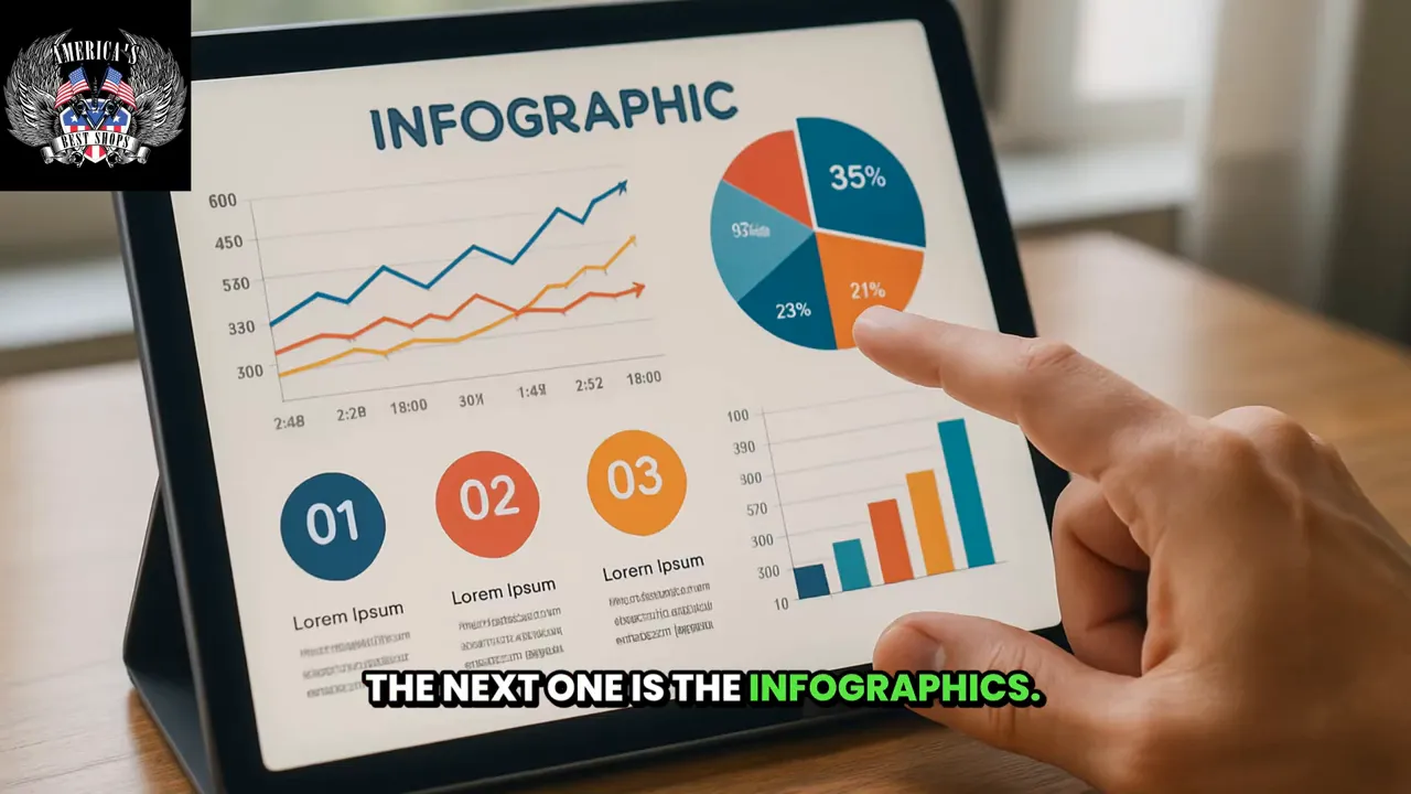 Tablet showing colorful infographic with charts and numbered sections, finger pointing at a pie chart