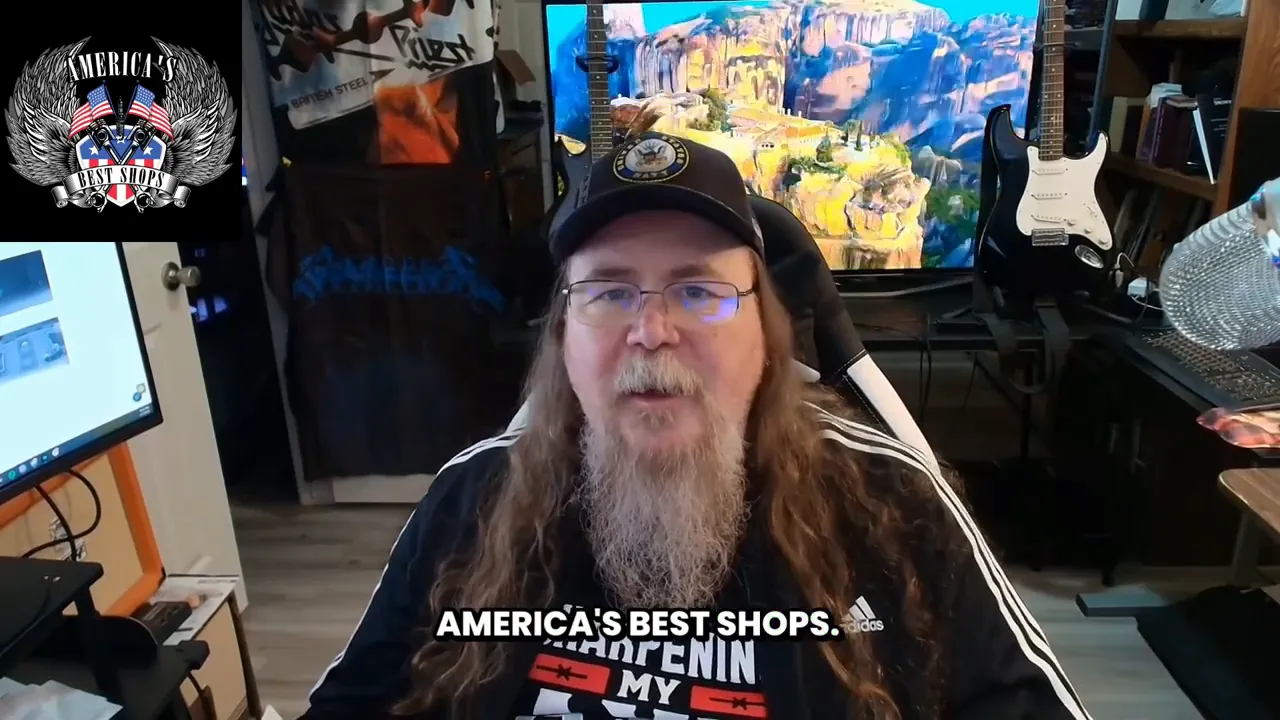 Presenter in a home office with long beard and veteran cap, on-screen subtitle reading 'AMERICA'S BEST SHOPS.'