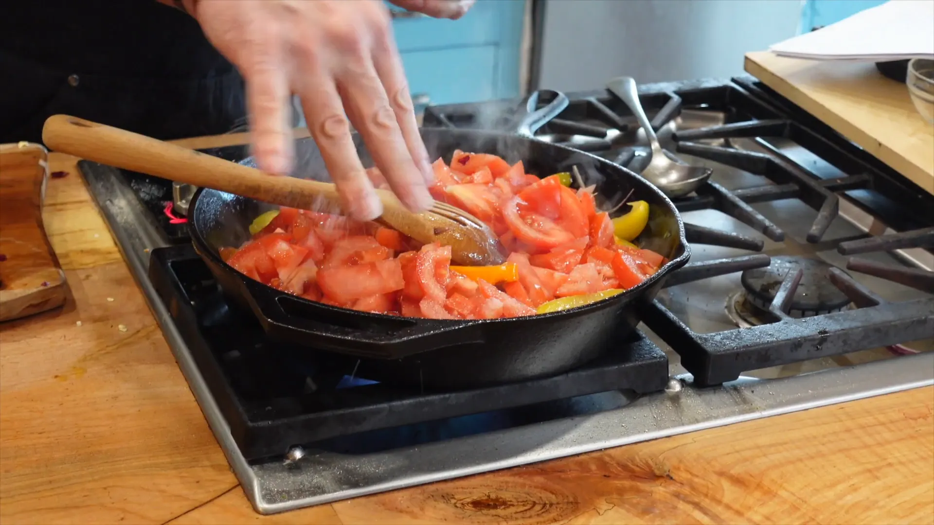 Cooking skillet rainbow peppers