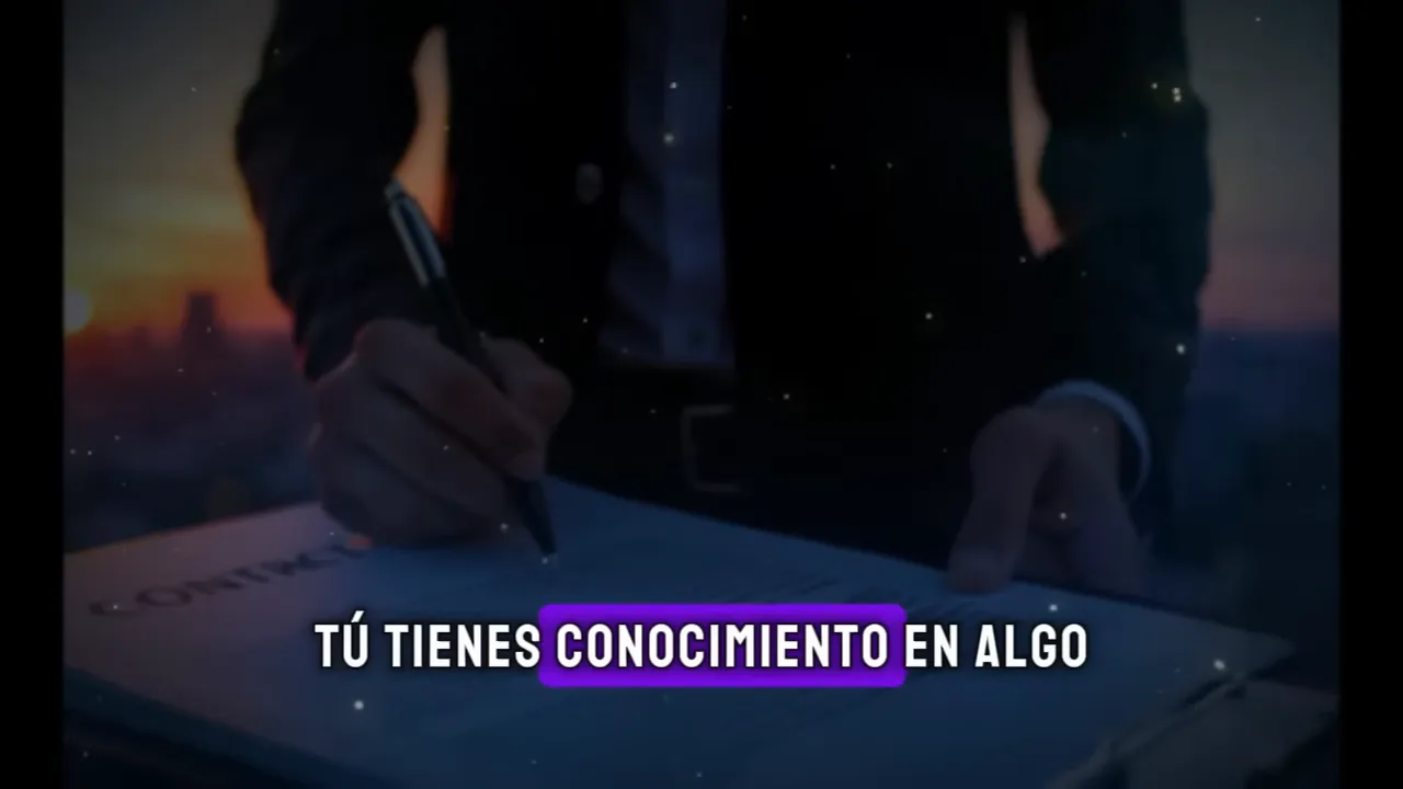 Persona escribiendo en un cuaderno con el texto sobreimpreso 'Tú tienes conocimiento en algo'