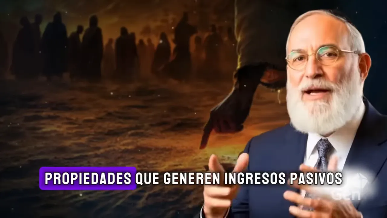 Presentador explicando con fondo que ilustra tierra y texto en pantalla 'PROPIEDADES QUE GENEREN INGRESOS PASIVOS'