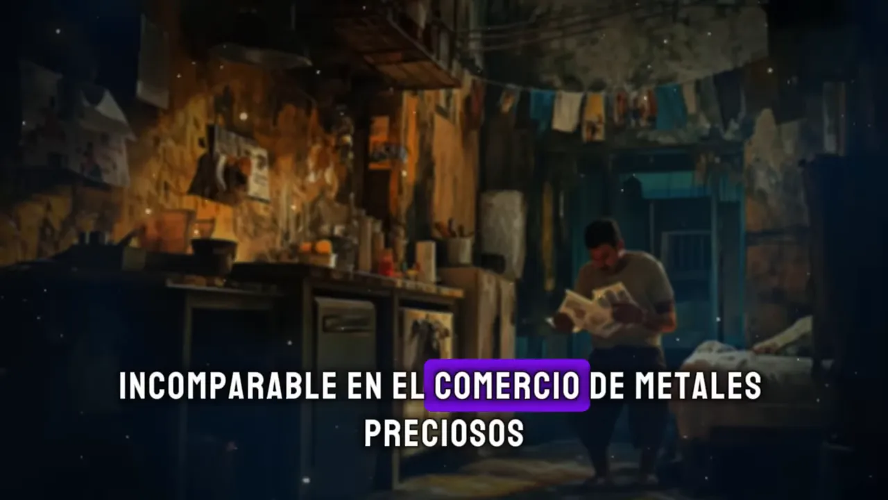 Escena interior con subtítulo 'Incomparable en el comercio de metales preciosos', que ilustra el negocio de metales preciosos.