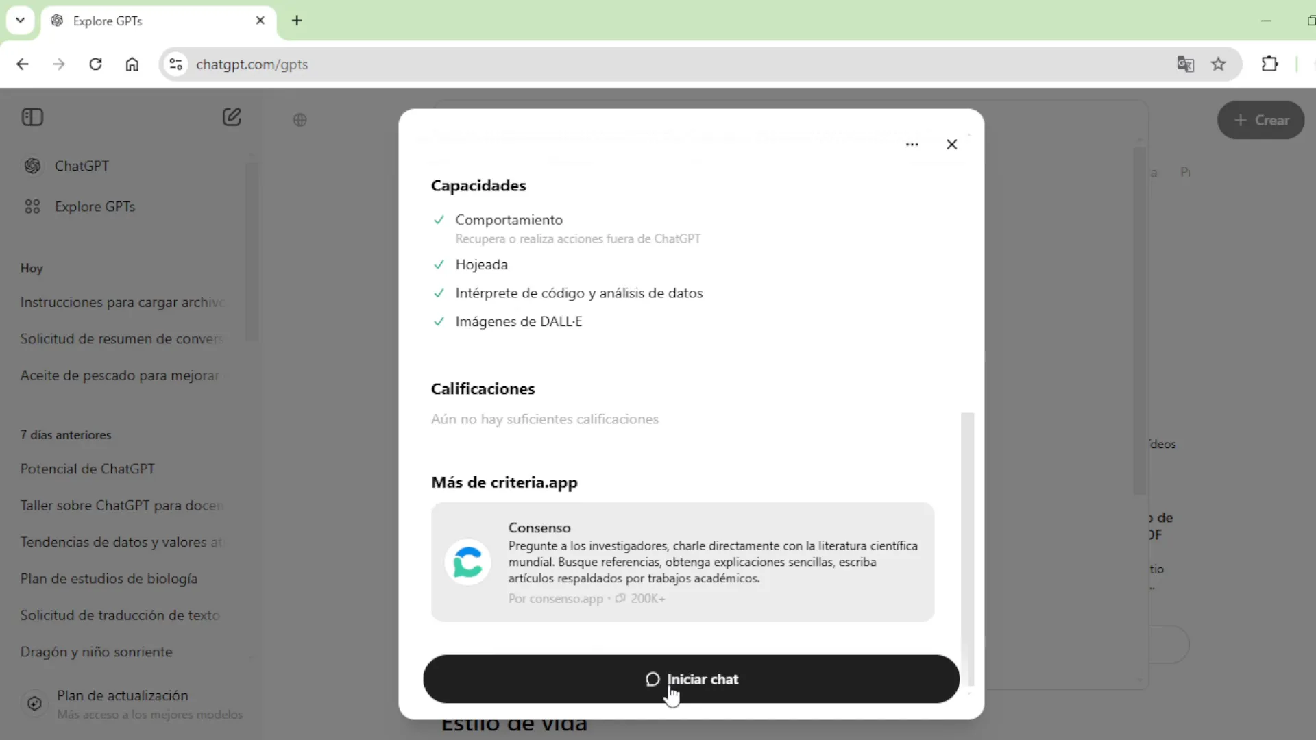 Interacción con Consensus para obtener información científica