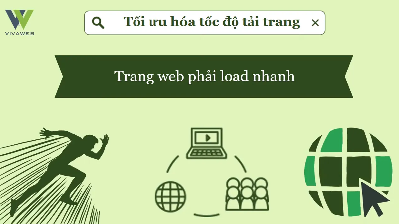 Minh họa tối ưu hóa tốc độ tải trang với biểu tượng người chạy, máy tính và Internet