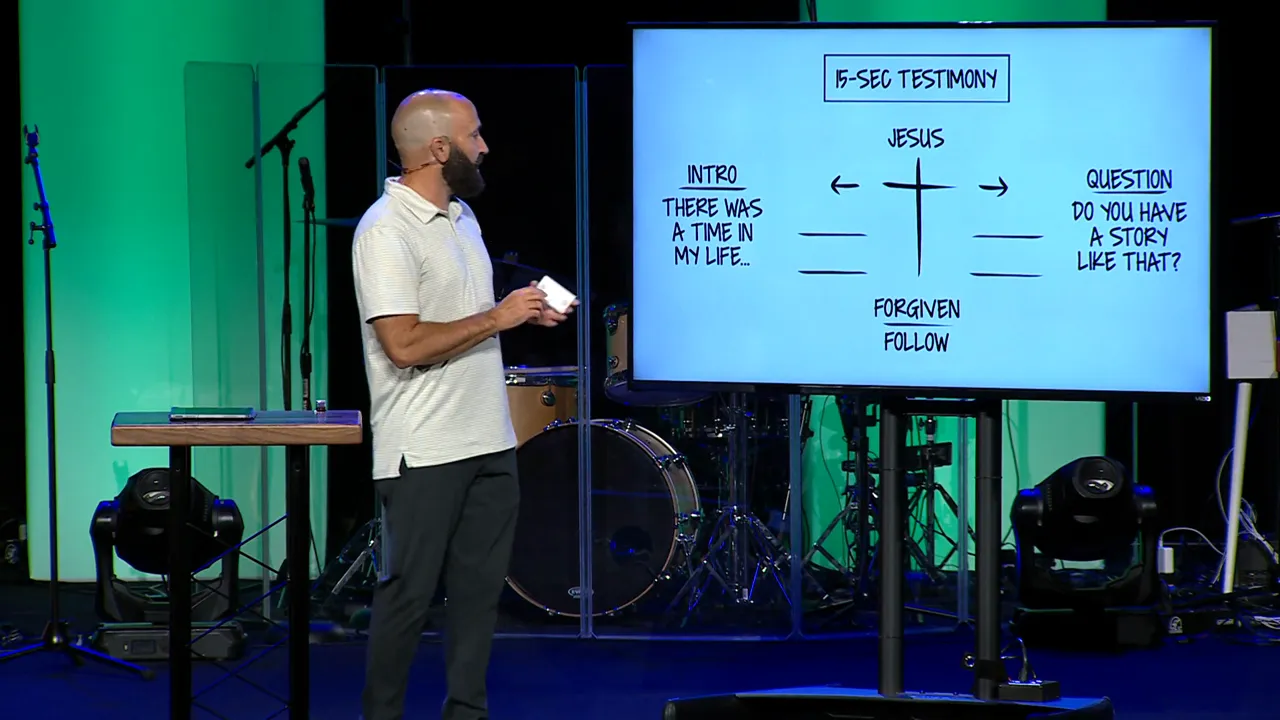 Slide showing a three-part testimony framework with before Jesus, meeting Jesus, and life after Jesus