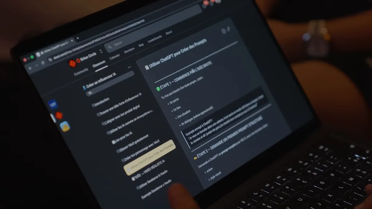 Écran d'ordinateur affichant un guide 'Utiliser ChatGPT' avec une colonne d'étapes et du texte lisible, doigt pointant l'écran.