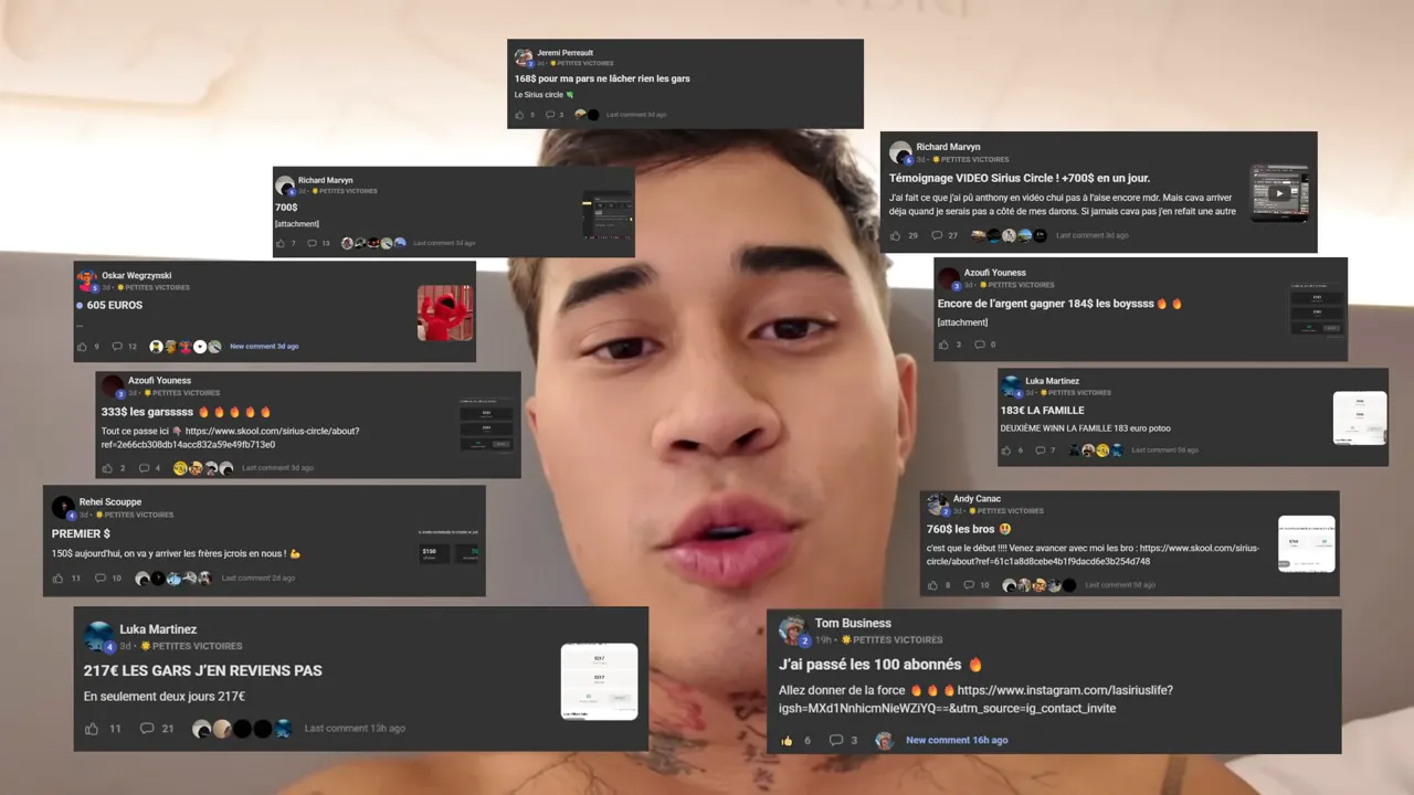 Montage de captures d'écrans et témoignages montrant des gains et commentaires de membres, superposé au portrait de l'auteur