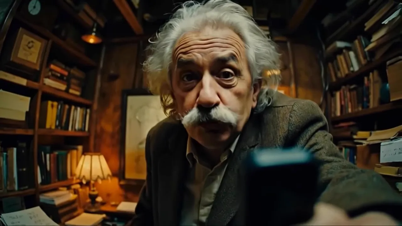 Portrait centré d’un homme âgé moustachu dans un bureau ancien, cadrage large montrant l’environnement et l’objet tenu vers la caméra.