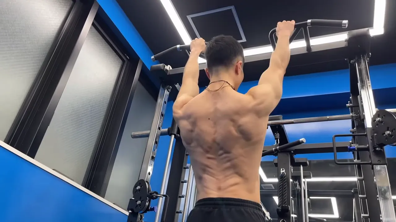 背面から見たバーにぶら下がる男性の肩甲骨下制の様子がはっきり分かるショット