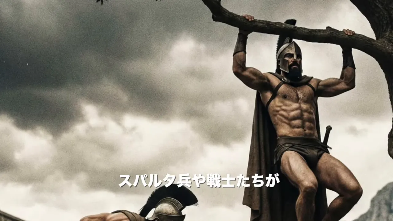木にぶら下がる古代の戦士の筋骨隆々とした姿のイメージ。