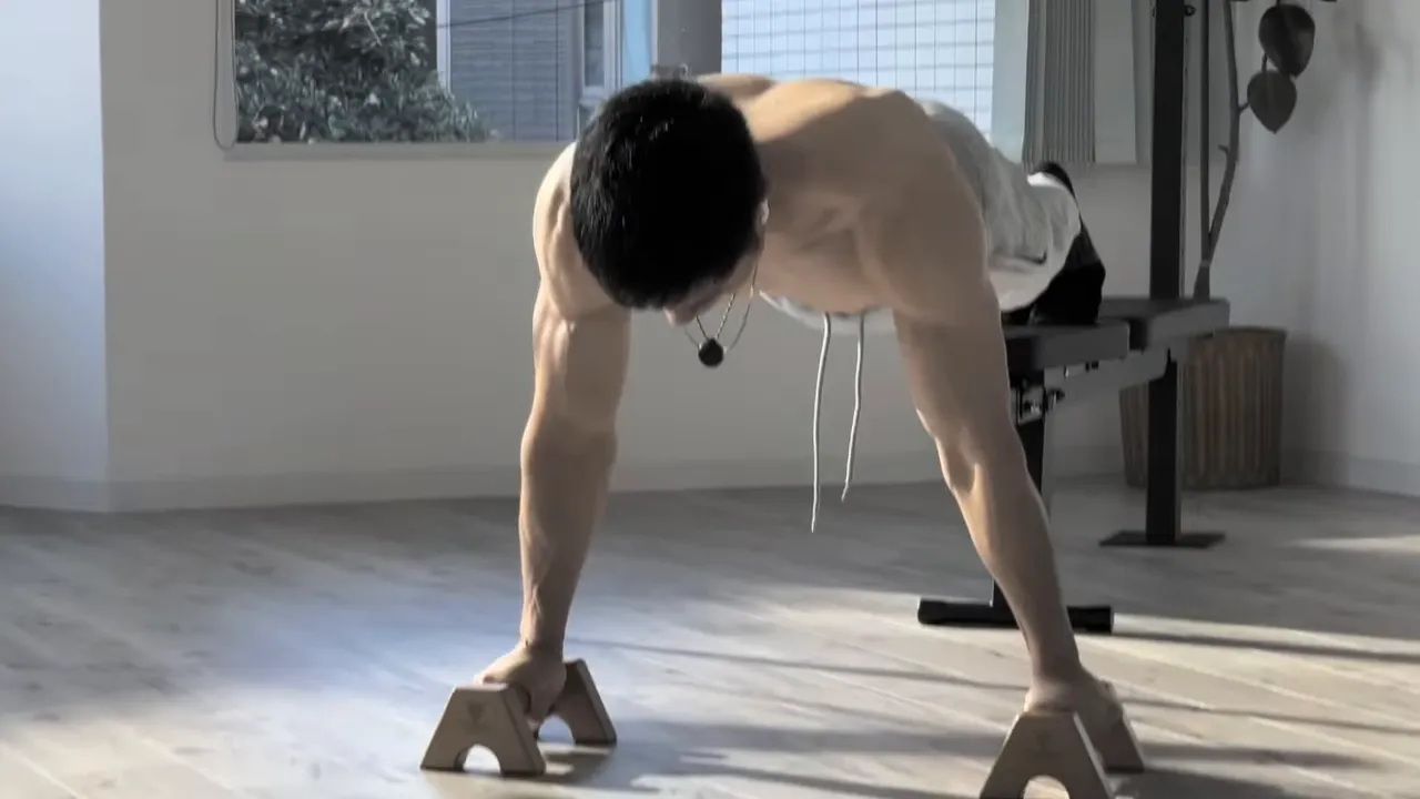 ベンチに足を乗せ、パラレッツ上でデクラインプッシュアップを行うフォームの全体像