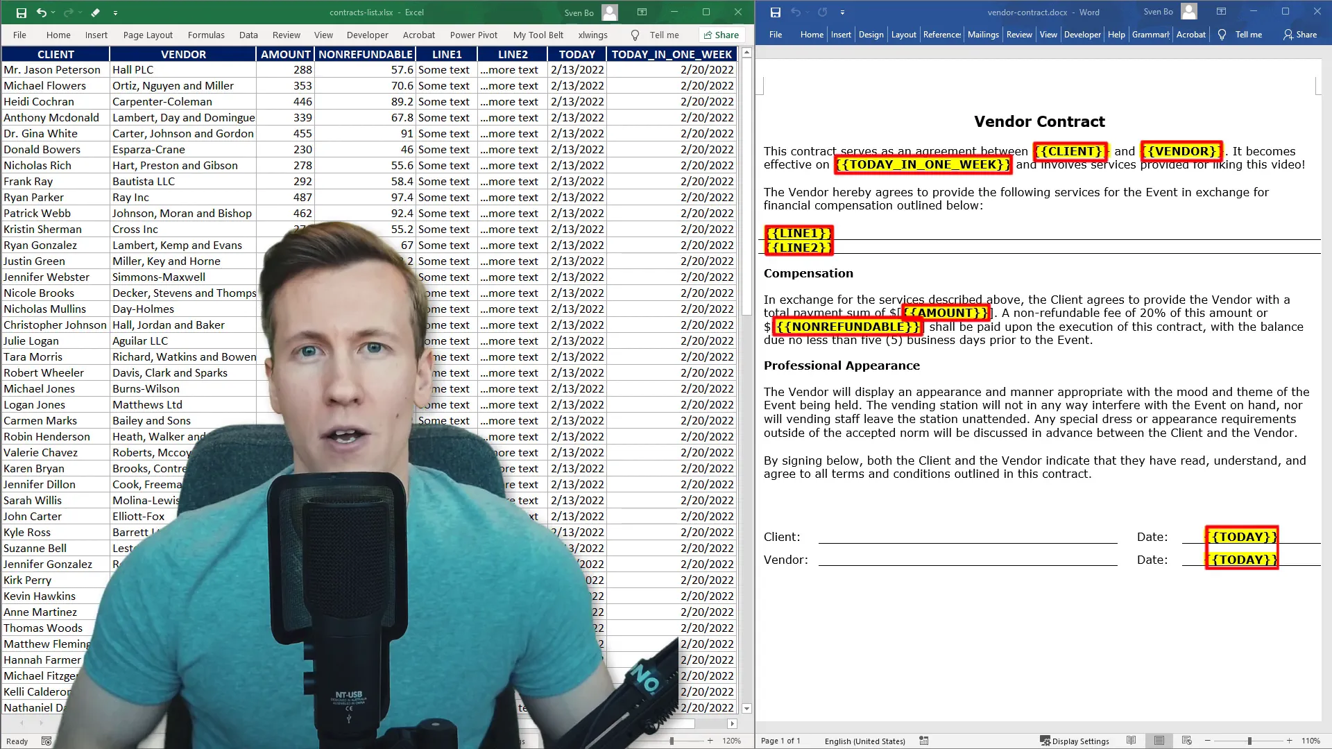 Word document with placeholders