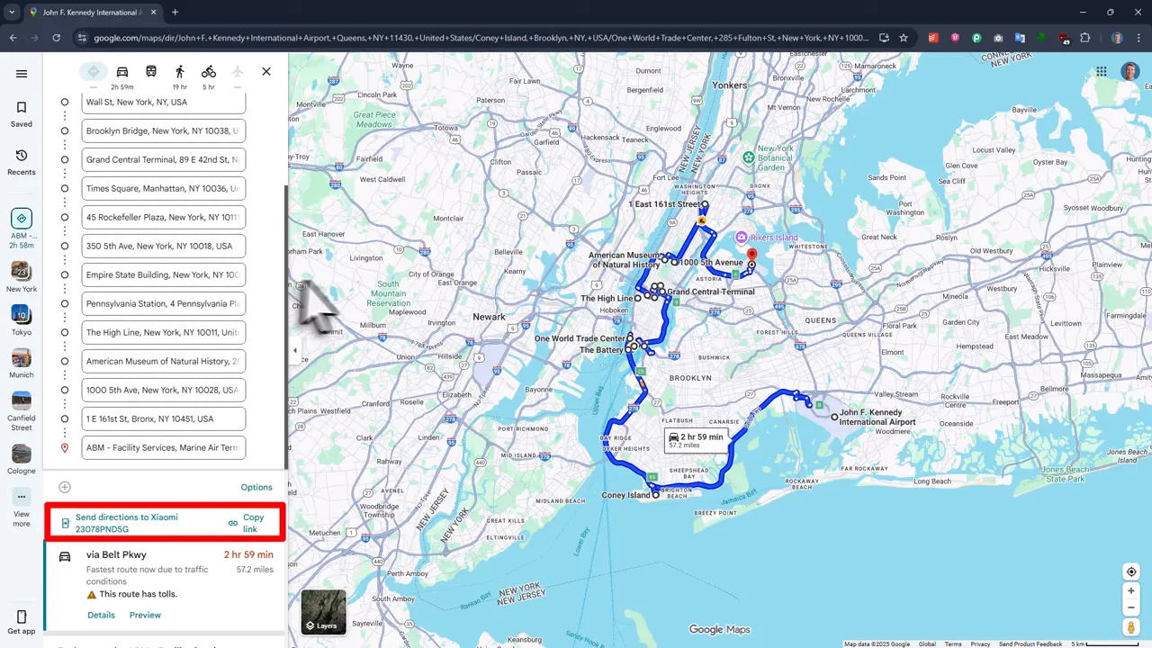 Map view of an optimized multi-stop route across New York with waypoint list on the left
