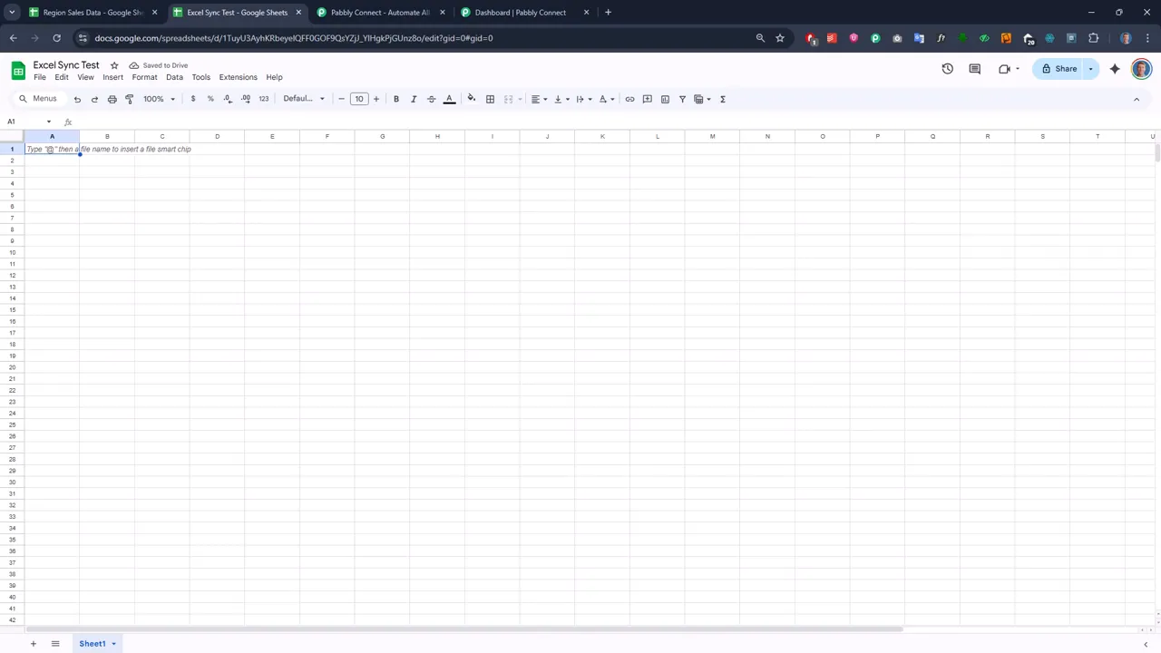 Create a new Google Sheet named Excel Sync Test with two sheets Sales Data and Weekly Sales