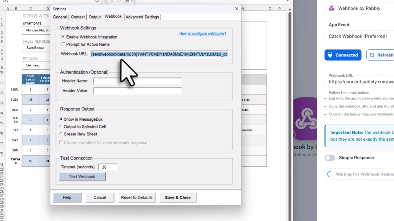 XLPrompt ribbon and settings with Webhook tab
