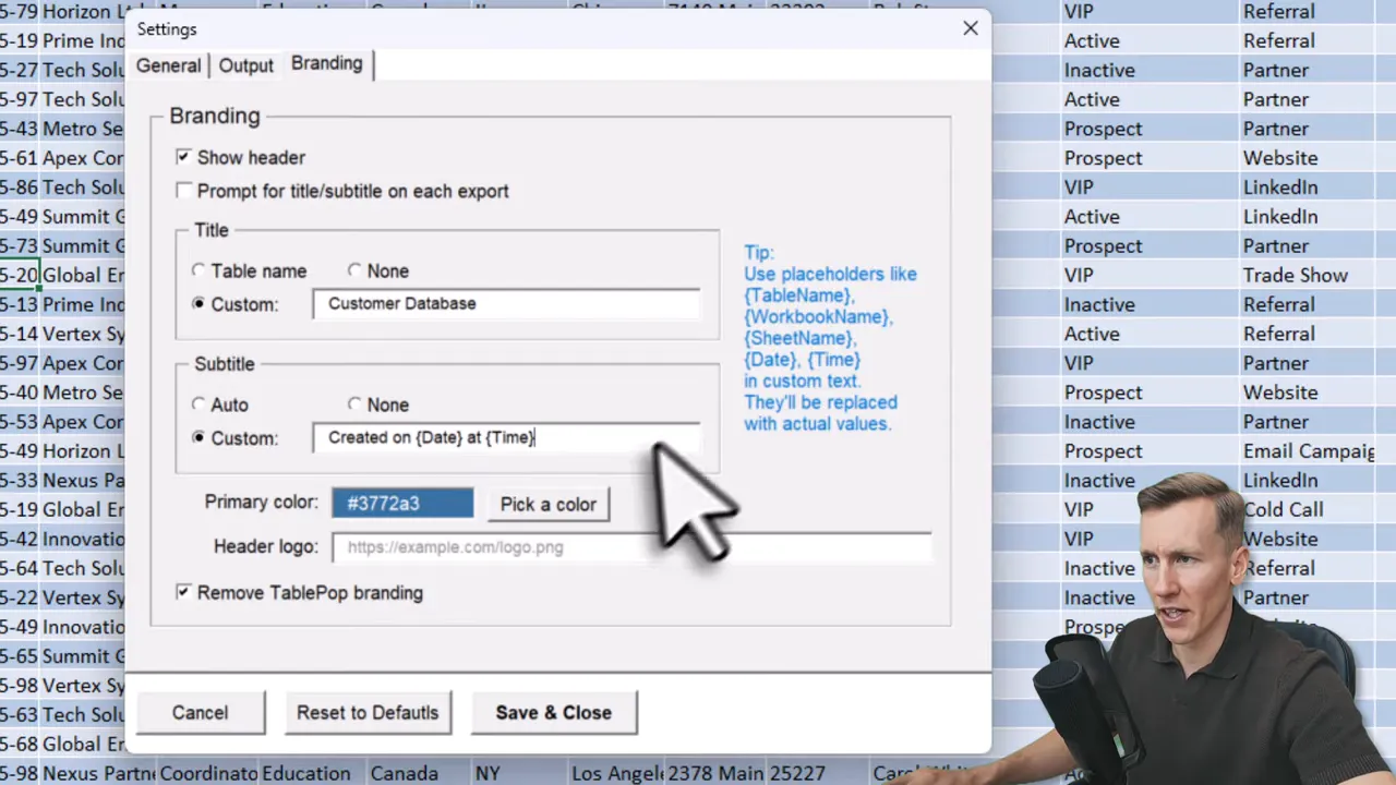 TablePop Branding tab showing Title and Subtitle fields (custom text with placeholders), primary color hex field, and header logo input