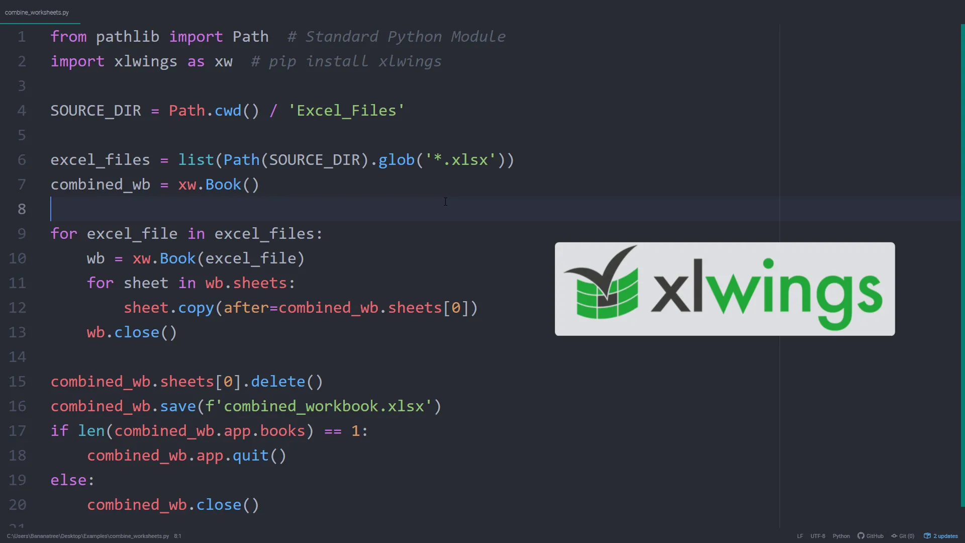 Python code example using xlwings