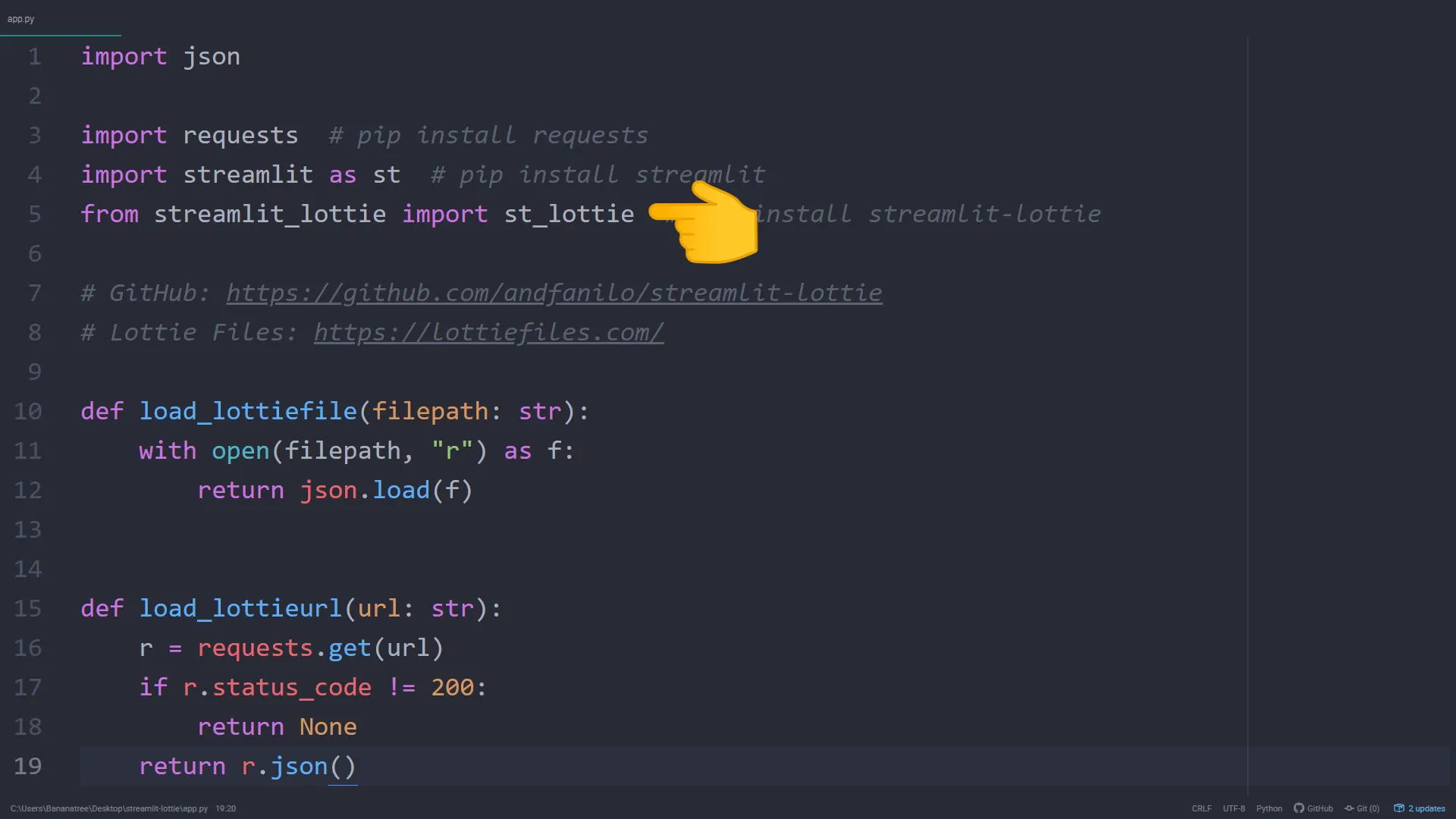 Python code for loading Lottie animations