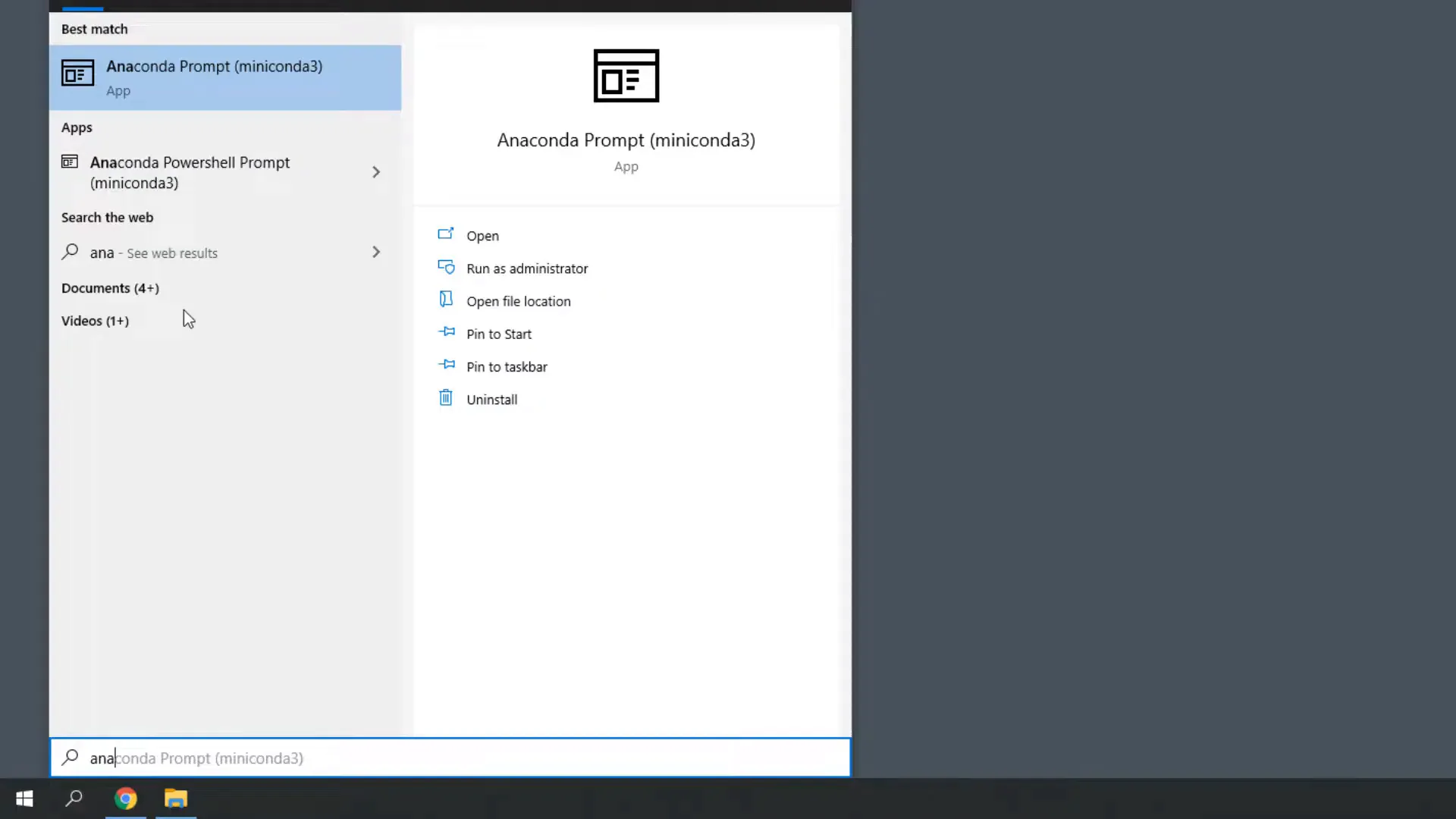 Anaconda prompt showing Python version