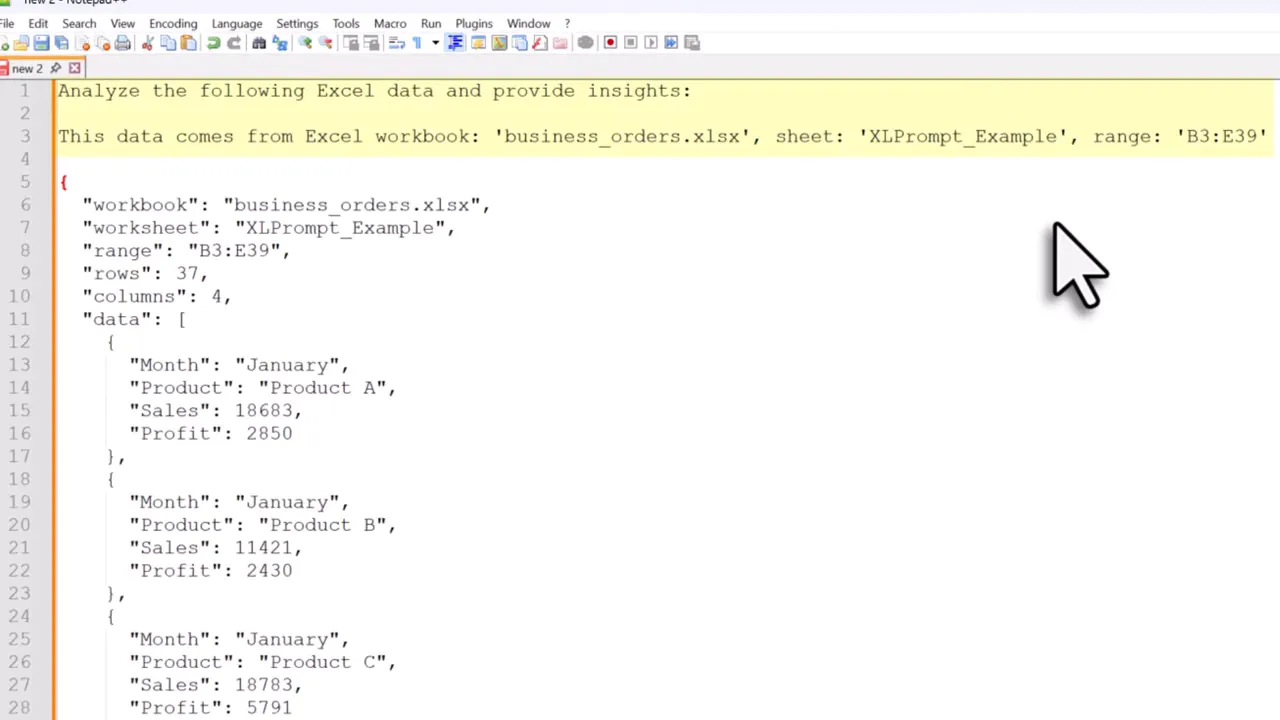 Pasted JSON example in Notepad including custom prompt and metadata