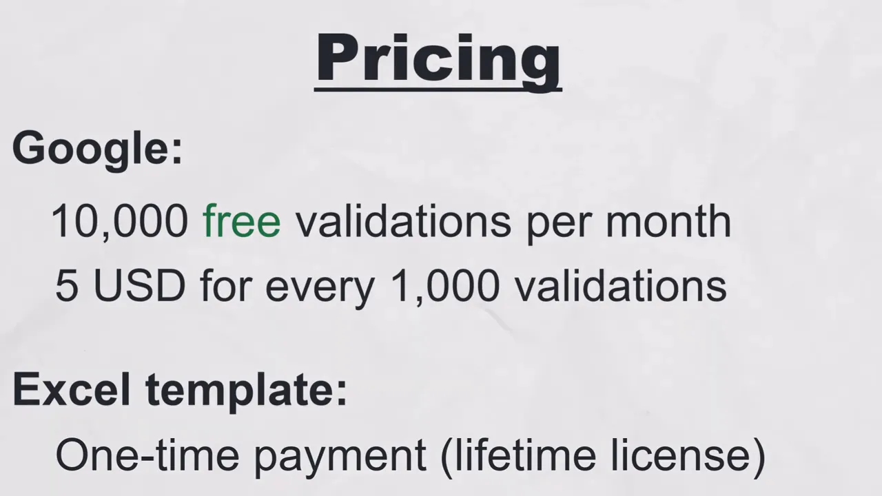 Pricing slide showing Google's free quota, per‑thousand cost and mention of the Excel template one-time license