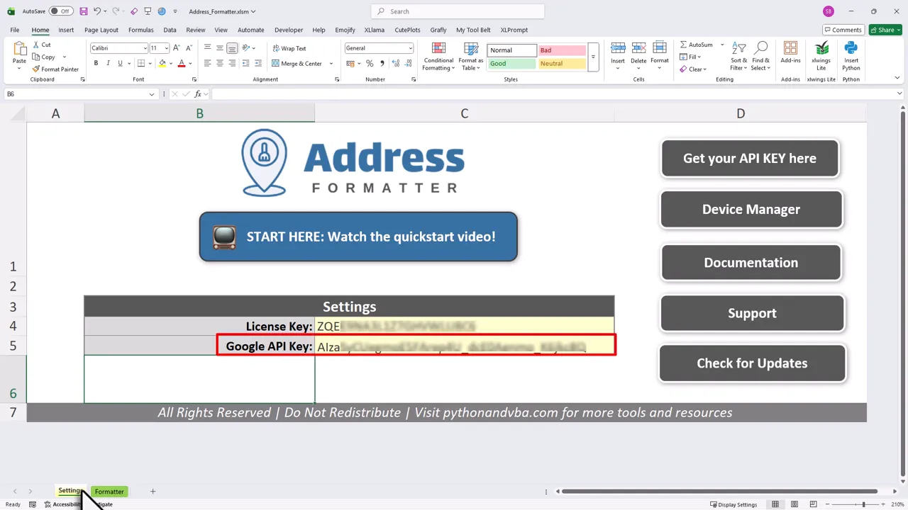 Excel settings sheet with the Google API Key field outlined in red to show exactly where to paste the API key.