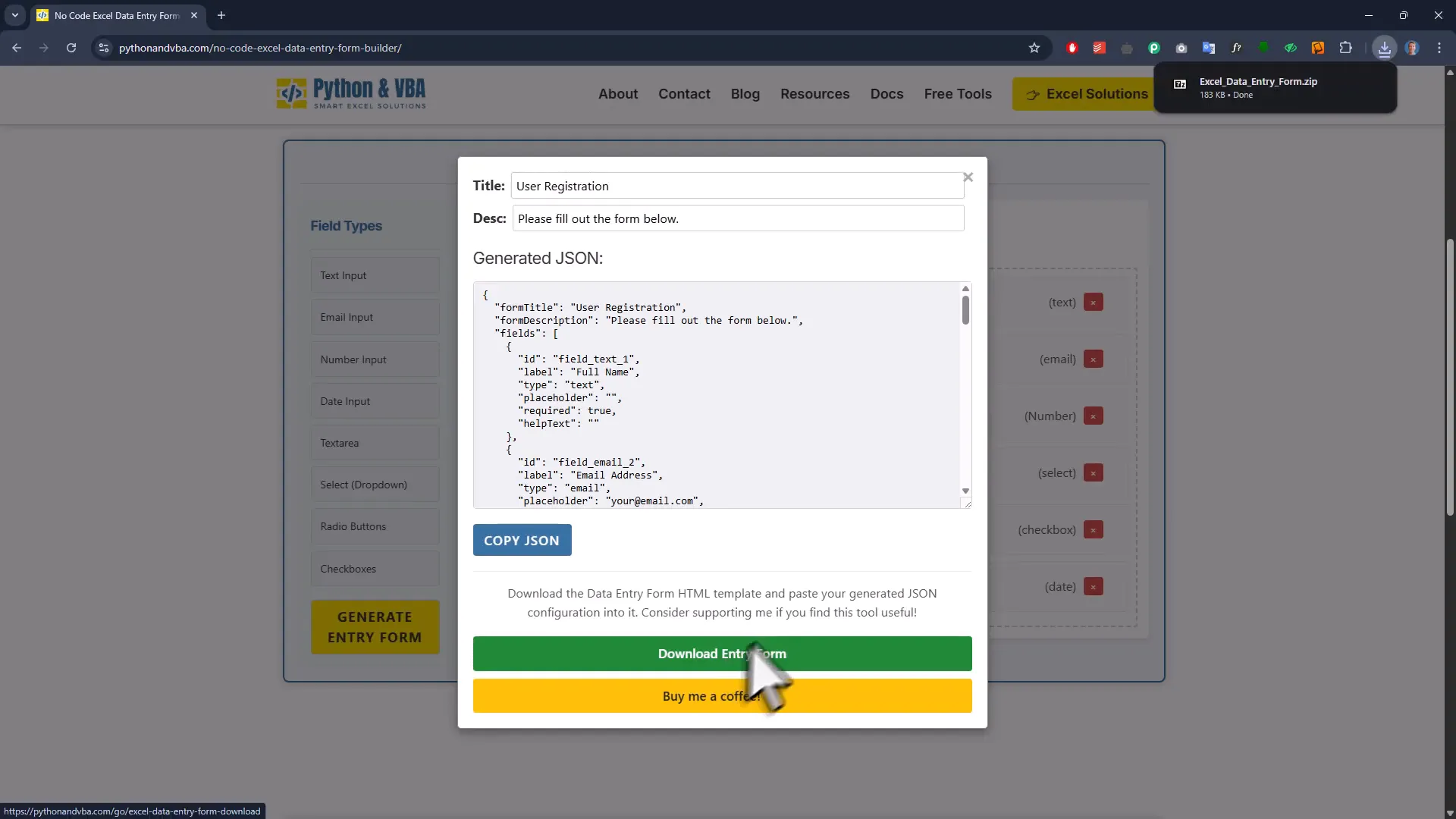 Downloading the generated form zip file