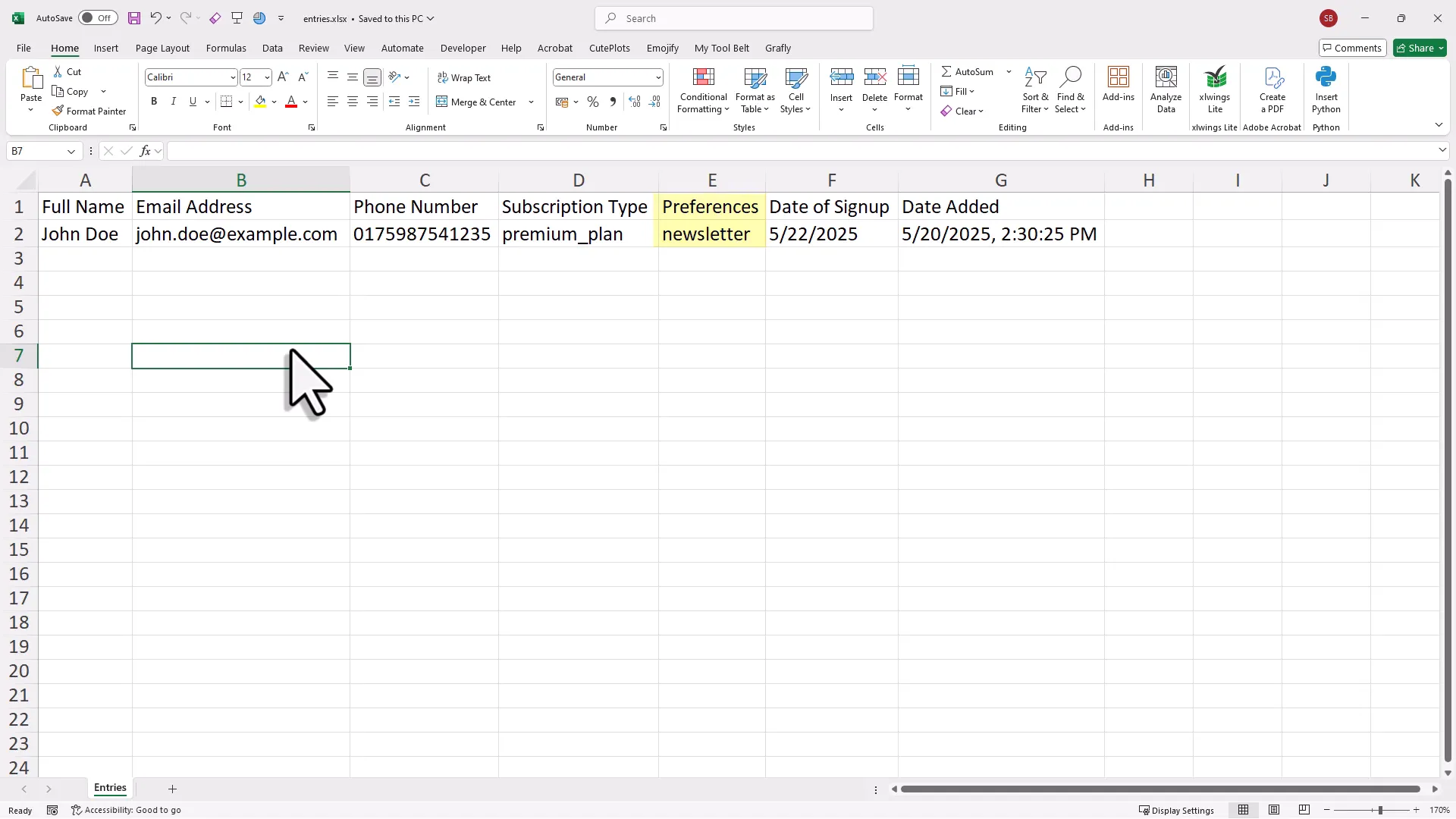 Excel workbook showing updated and deleted entries