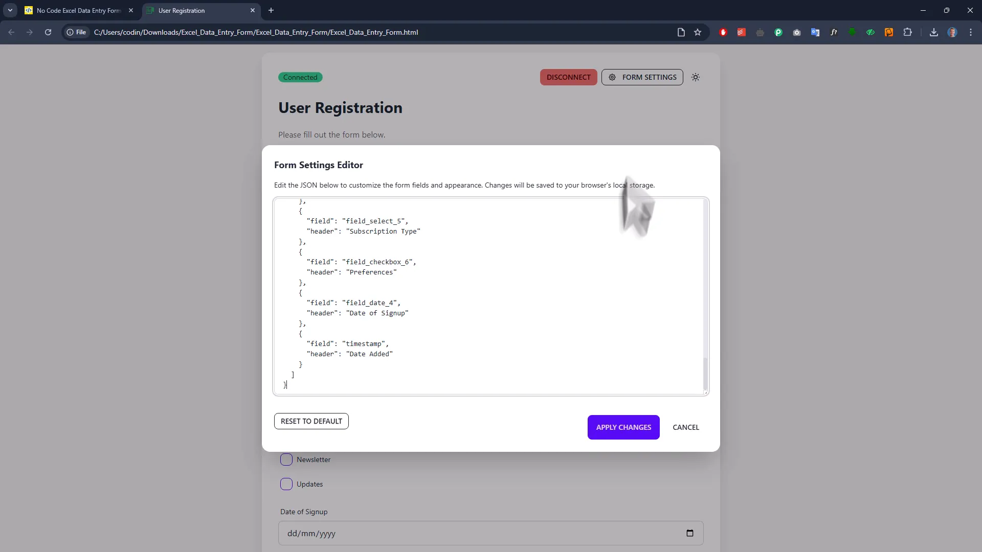 Editing JSON form configuration to change form title