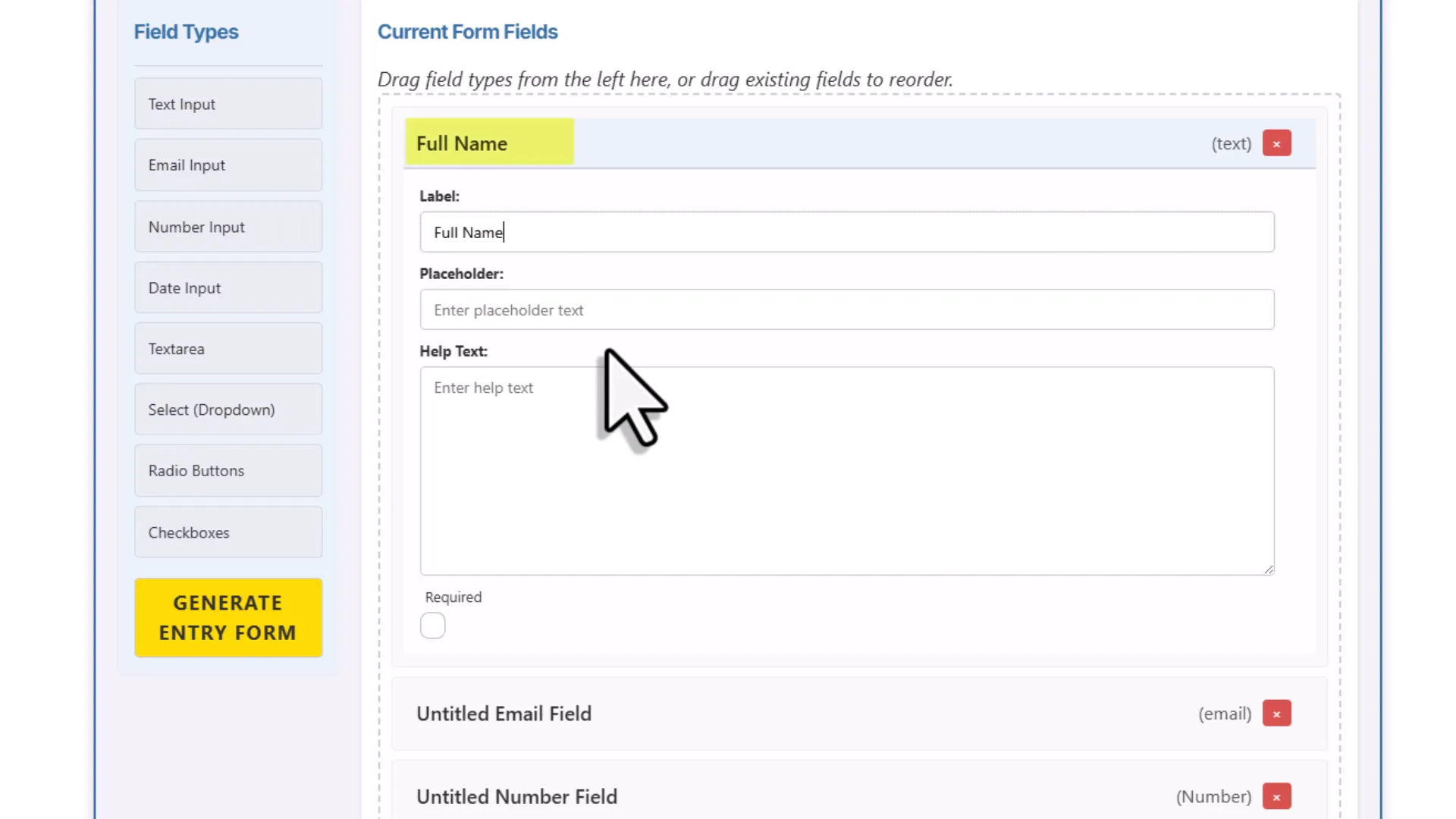Customizing field properties like label, placeholder, helper text, and required flag