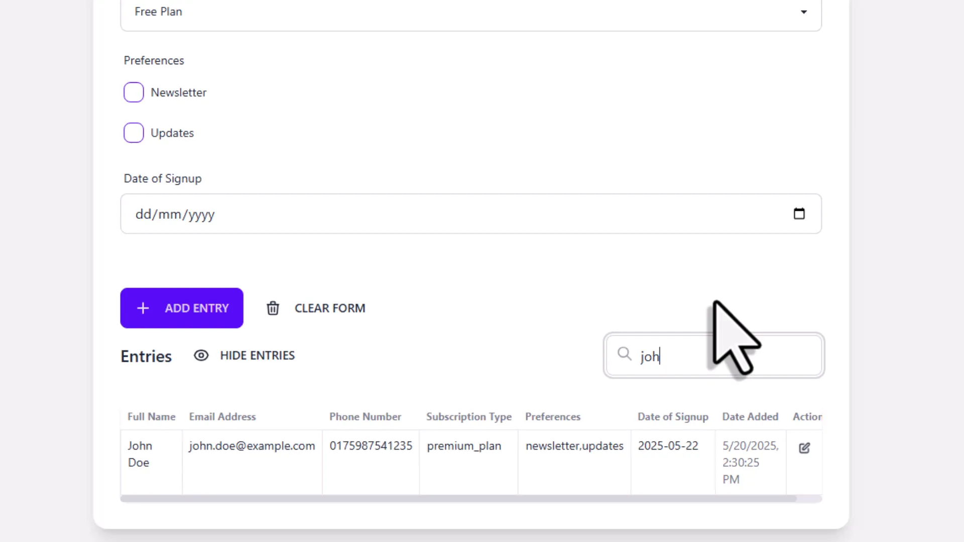 Search box filtering entries in the form