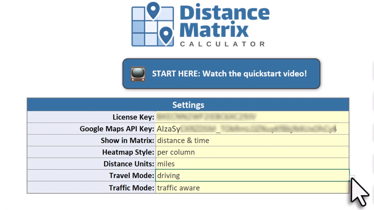 Distance Matrix settings with Travel Mode set to driving