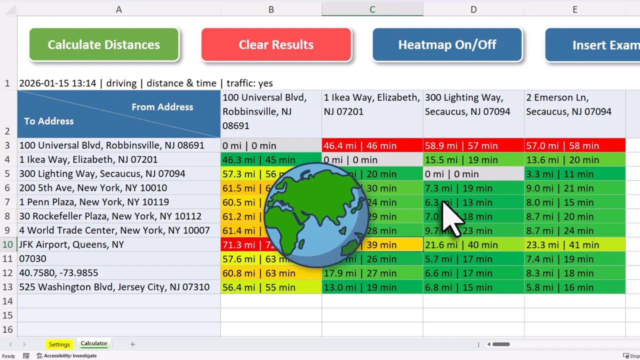 Excel distance matrix partially obscured by a large globe graphic overlay