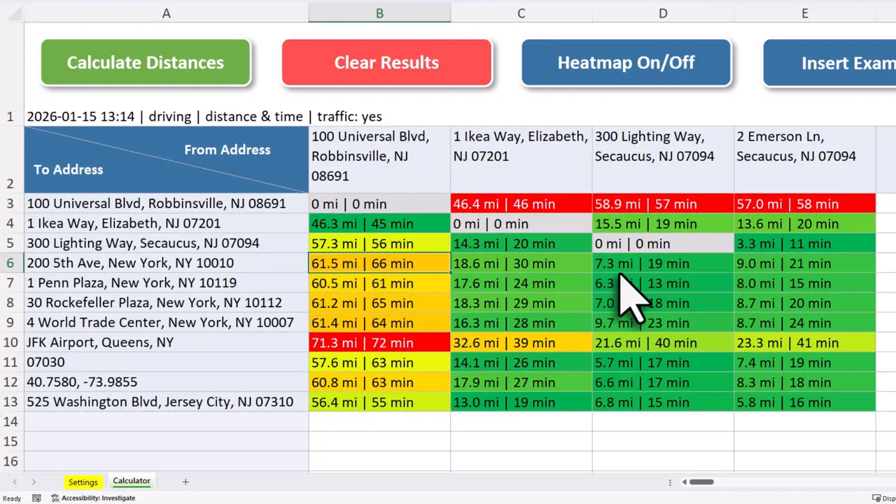 Excel distance matrix heat map with Calculate Distances, Clear Results and Heatmap On/Off buttons