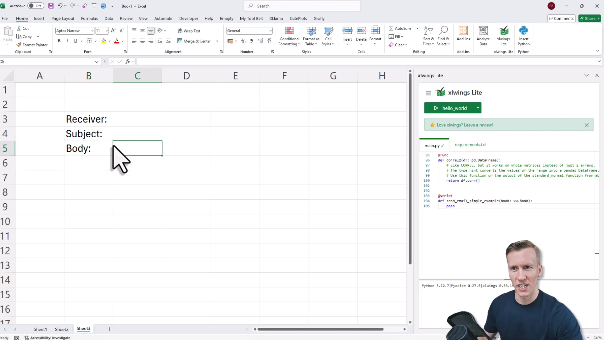 Excel sheet with named ranges for receiver, subject, body, and result