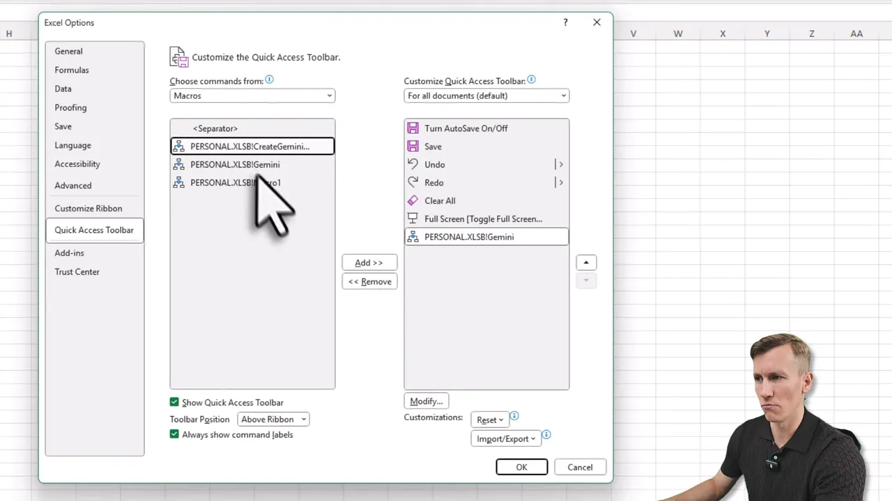 Excel Options showing PERSONAL.XLSB!Gemini in the Quick Access Toolbar customizations with OK and Cancel buttons visible