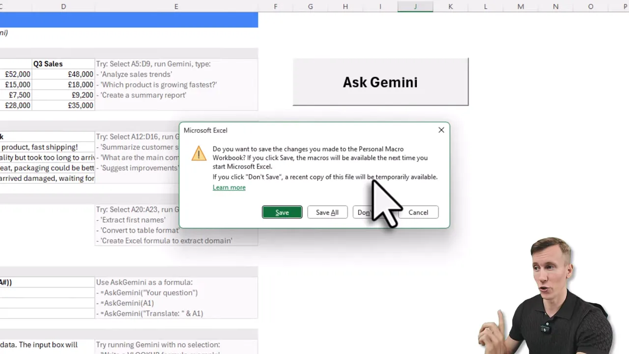 Excel dialog asking to save changes to the Personal Macro Workbook (PERSONAL.XLSB) with the Ask Gemini demo sheet visible behind it