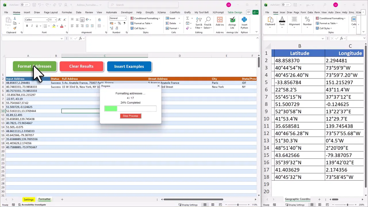 Excel template with the Format Addresses button clicked and a progress dialog visible reading 'Formatting addresses 4/17 24% Completed'.