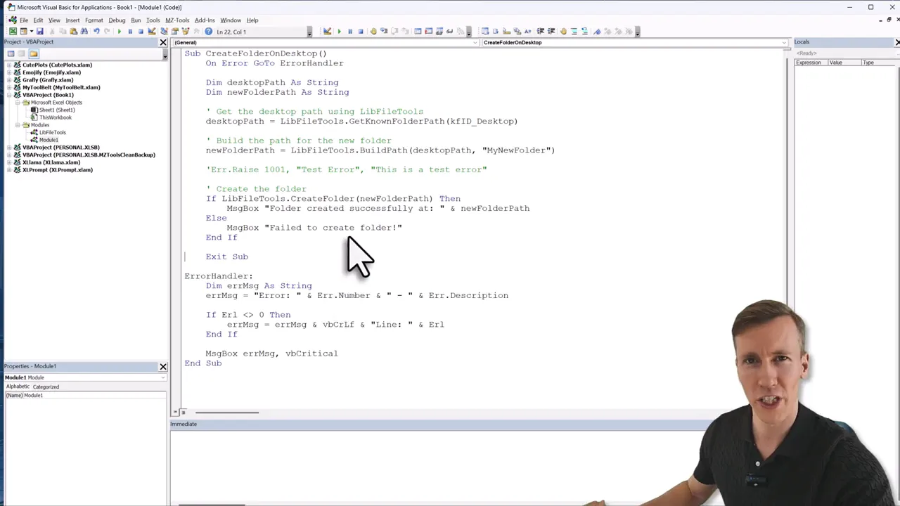 VBA editor showing CreateFolderOnDesktop code with a large cursor highlighting code and presenter in corner