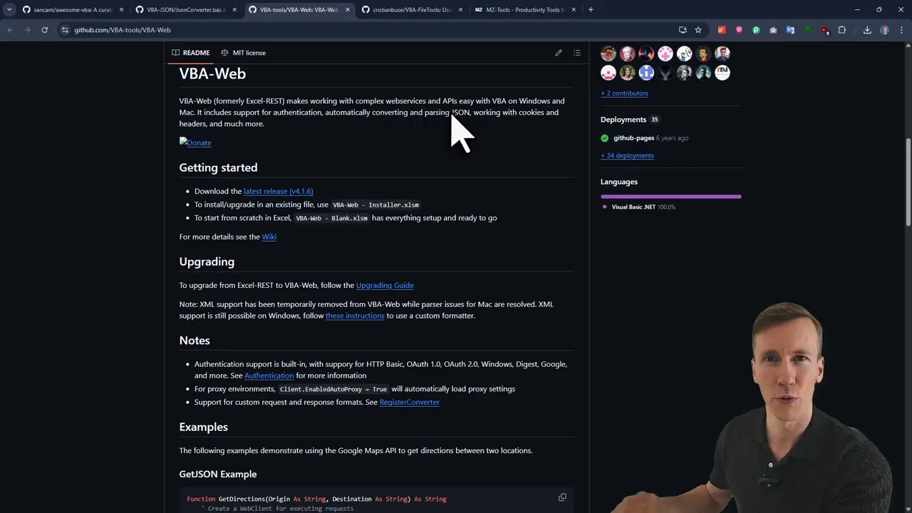 Clear screenshot of the VBA-Web GitHub README page showing Getting started, Upgrading, Notes, and Examples sections, with presenter on the right.