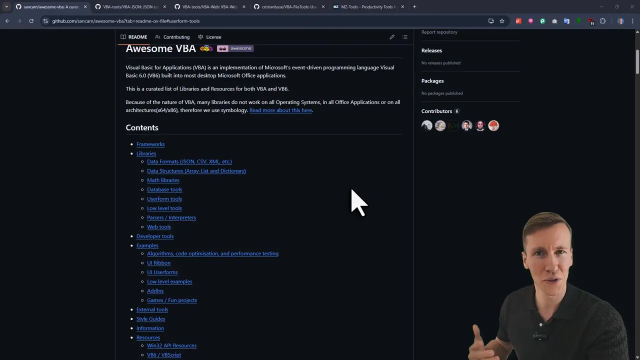 GitHub README 'Awesome VBA' showing the Contents list of libraries and tools