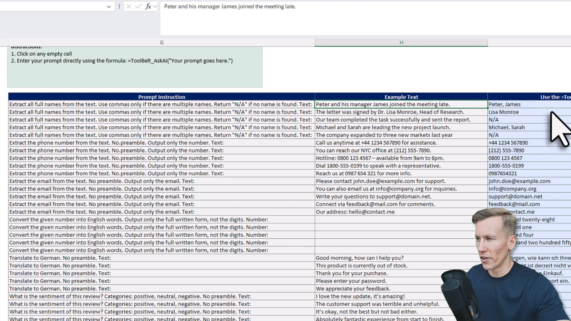 Example outputs: extracted names, phones, emails, number-to-words