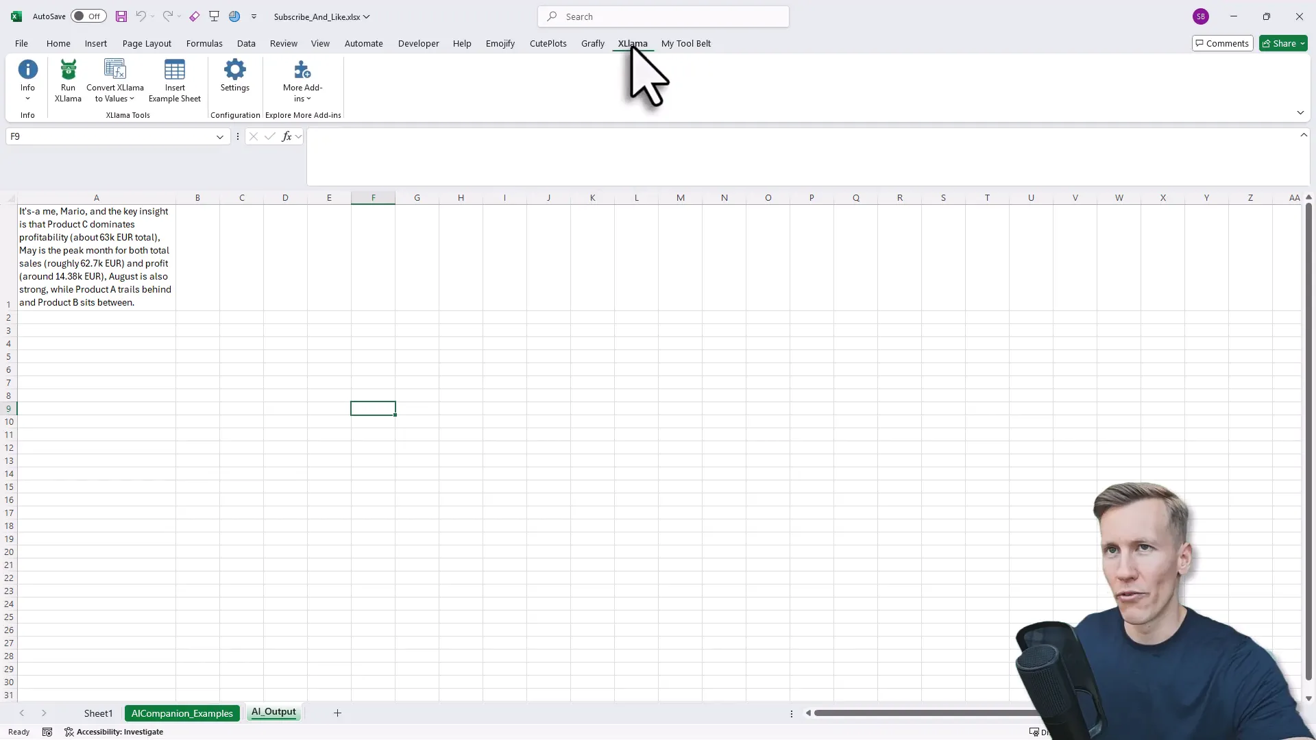 XLlama ribbon and local model settings inside Excel