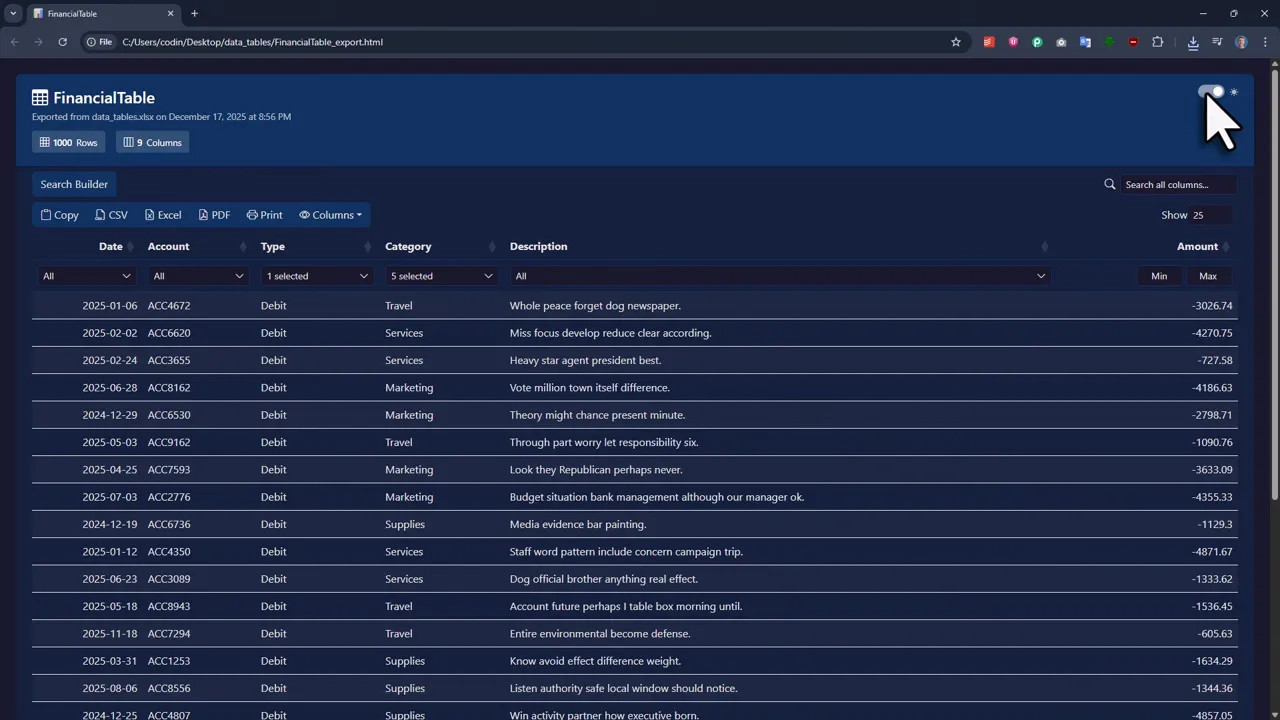 Exported HTML report displayed in dark mode with the dark-mode toggle highlighted and a cursor near it.