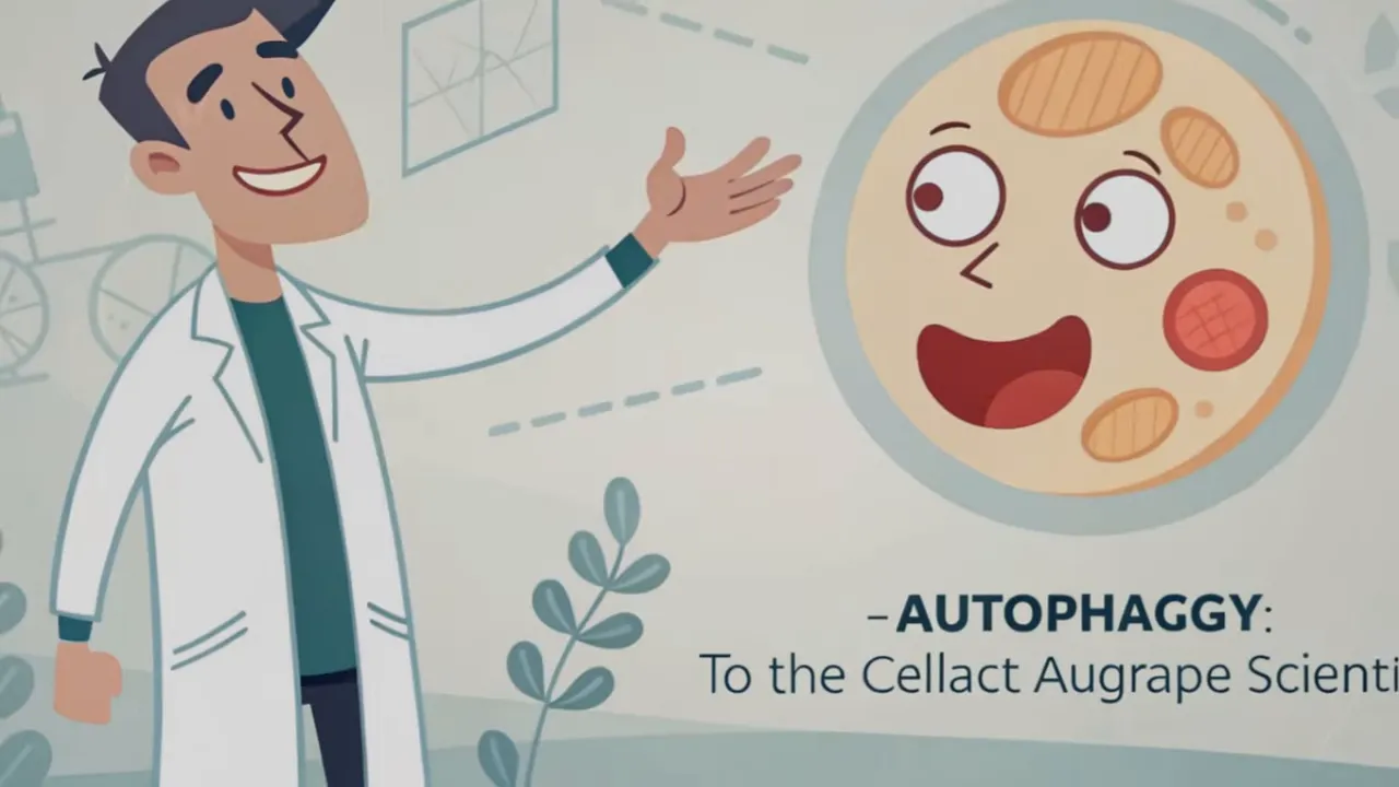 Cartoon-Wissenschaftler erklärt eine lächelnde Zelle als Symbol für Autophagie