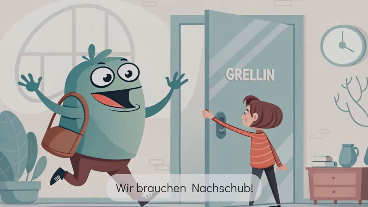 Klarer Cartoon: ein grünes Ghrelin-Monster betritt eine Tür mit der Aufschrift 'GRELLIN', eine Person öffnet.