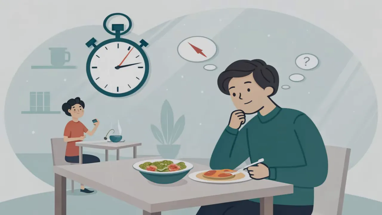 Illustration eines nachdenklichen Mannes am Tisch mit einer großen Stoppuhr im Hintergrund, symbolisch für Zeitplanung beim Fasten