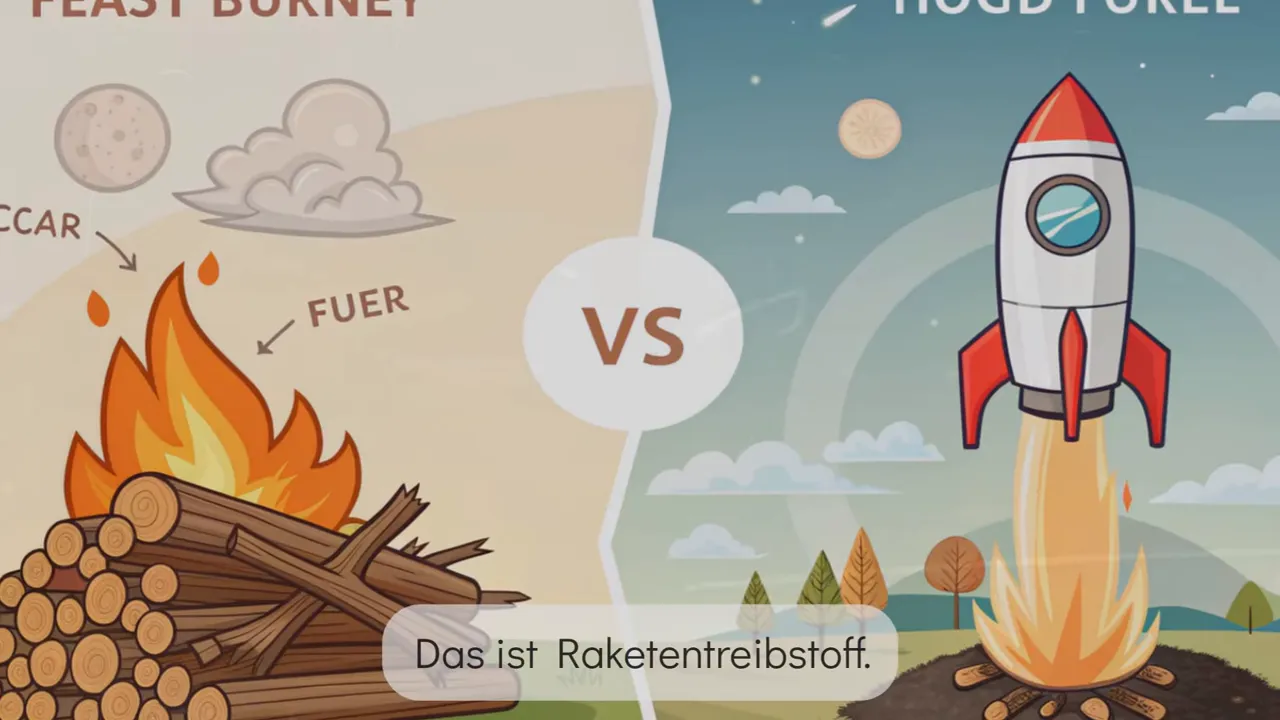 Geteilte Illustration: Lagerfeuer links vs. Rakete rechts mit Untertitel 'Das ist Raketentreibstoff' — Metapher für unterschiedliche Brennstoffe